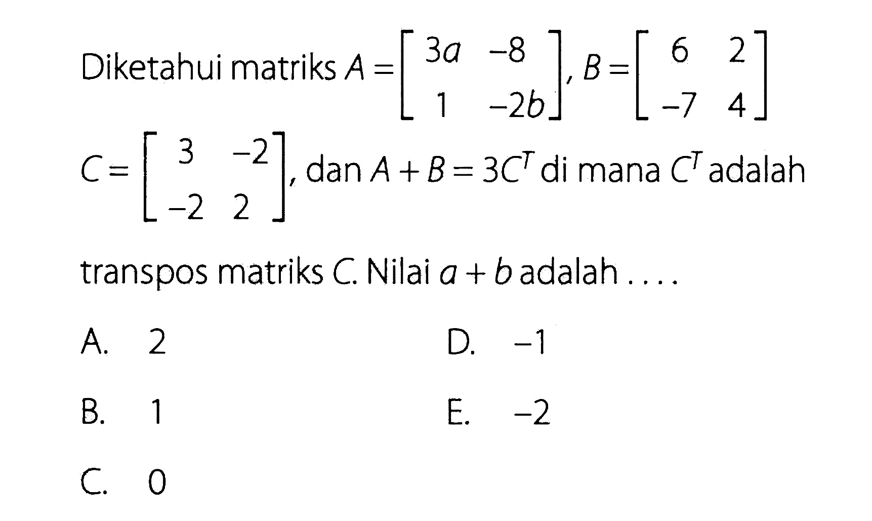 Diketahui matriks A=[3a -8 1 -2b], B=[6 2 -7 4] C=[3 -2 -2 2], dan A+B=3C^T dimana C^T adalah transpos matriks C. Nilai a+b adalah ...