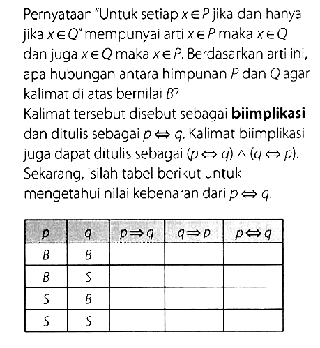 Pernyataan 'Untuk setiap  x e P  jika dan hanya jika  x e Q''  mempunyai arti  x e P  maka  x e Q  dan juga  x e Q  maka  x e P . Berdasarkan arti ini, apa hubungan antara himpunan  P  dan  Q  agar kalimat di atas bernilai  B  ?Kalimat tersebut disebut sebagai biimplikasi dan ditulis sebagai  p <=> q .  Kalimat biimplikasi juga dapat ditulis sebagai  (p <=> q) ^ (q <=> p) . Sekarang, isilah tabel berikut untuk mengetahui nilai kebenaran dari  p <=> q . p    q    p => q    q => p    p <=> q   B    B      B    S      S    B      S    S     