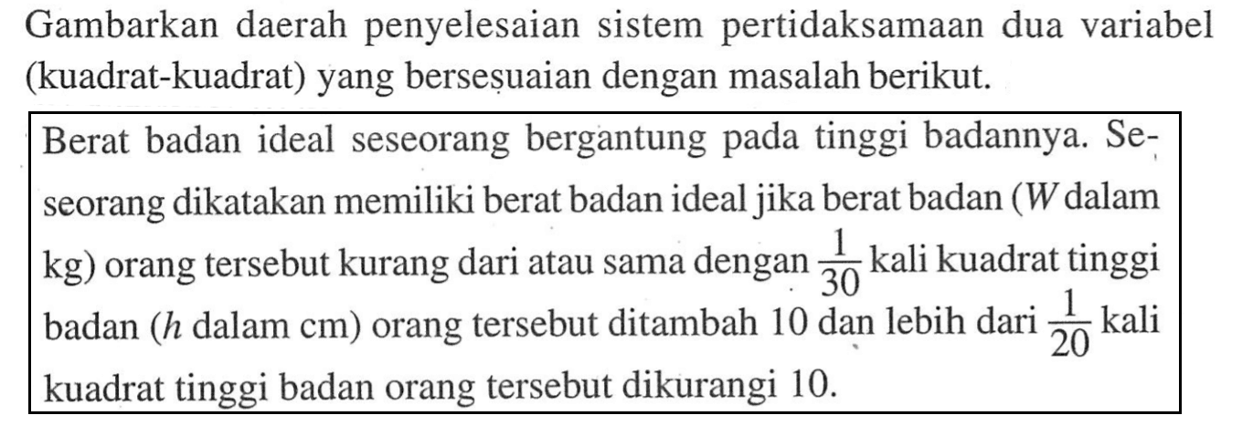 Gambarkan daerah penyelesaian sistem pertidaksamaan dua variabel (kuadrat-kuadrat) yang bersesuaian dengan masalah berikut. Berat badan ideal seseorang bergantung pada tinggi badannya. Se- seorang dikatakan memiliki berat badan ideal jika berat badan (W dalam kg) orang tersebut kurang dari atau sama dengan 1/30 kali kuadrat tinggi badan (h dalam cm) orang tersebut ditambah 10 dan lebih dari kali 1/20 kuadrat tinggi badan orang tersebut dikurangi 10.