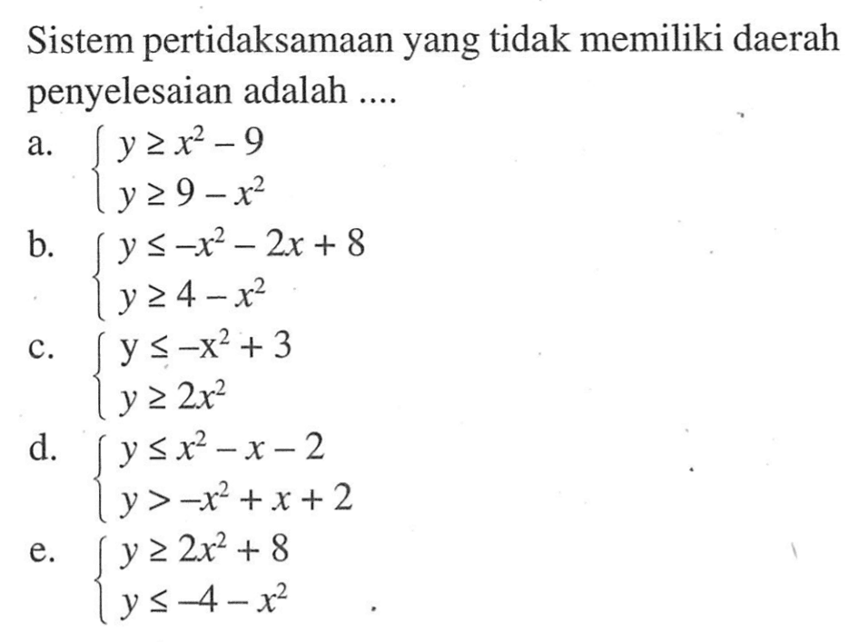 Sistem pertidaksamaan yang tidak memiliki daerah penyelesaian adalah