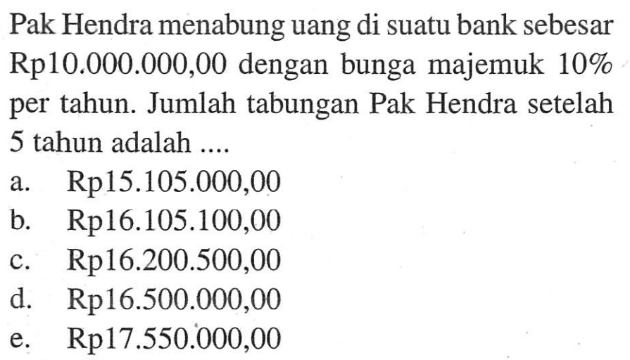 Pak Hendra menabung uang di suatu bank sebesar Rp10.000.000,00 dengan bunga majemuk 10% per tahun. Jumlah tabungan Pak Hendra setelah 5 tahun adalah ....