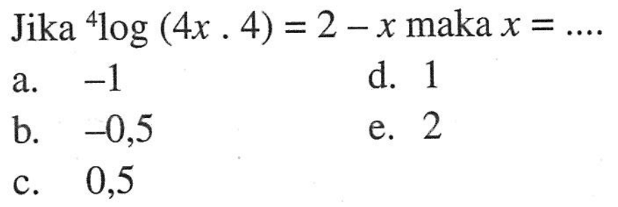 Jika 4log(4x x 4)=2-x maka x=....