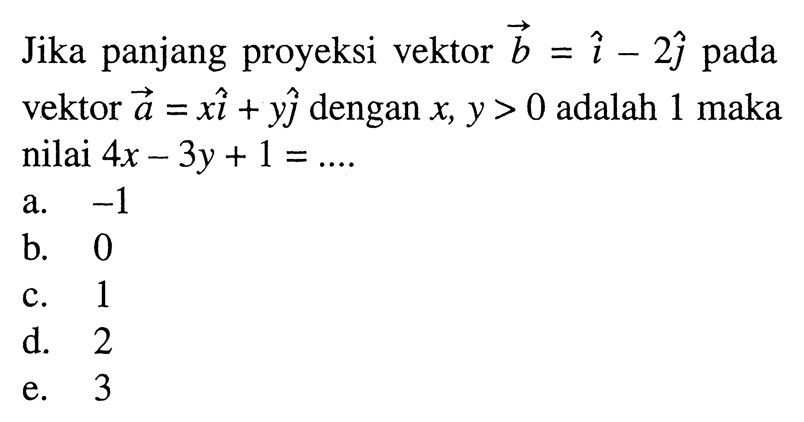 Jika panjang proyeksi vektor b=i-2j  pada vektor a=xi+yj  dengan  x, y>0  adalah 1 maka nilai  4x-3y+1=.... .