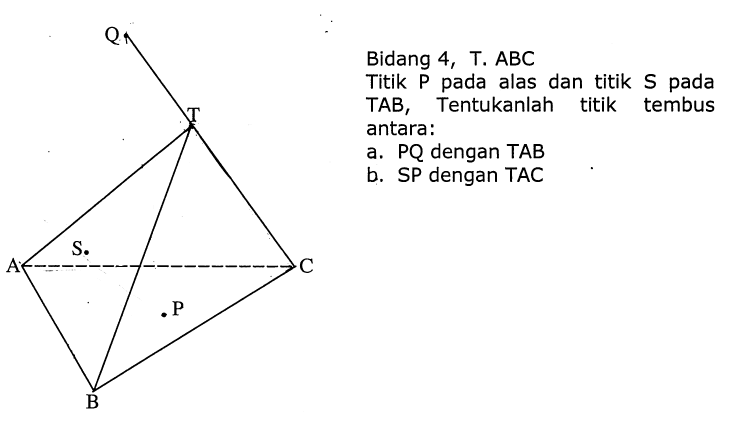 Bidang 4, T. ABC Titik P pada alas dan titik S pada TAB, Tentukanlah titik tembus antara: a. PQ dengan TAB b.SP dengan TAC