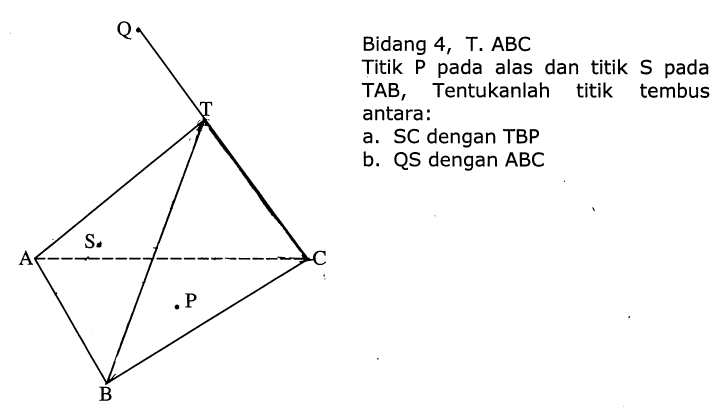 Bidang 4, T.ABC Titik P pada alas dan titik S pada TAB, Tentukanlah titik tembus antara: a. SC dengan TBP b. QS dengan ABC