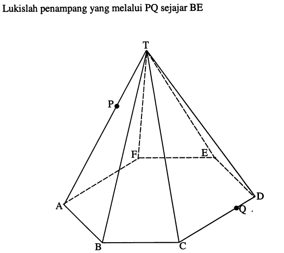 Lukislah penampang yang melalui PQ sejajar BE T P A B C Q D E F