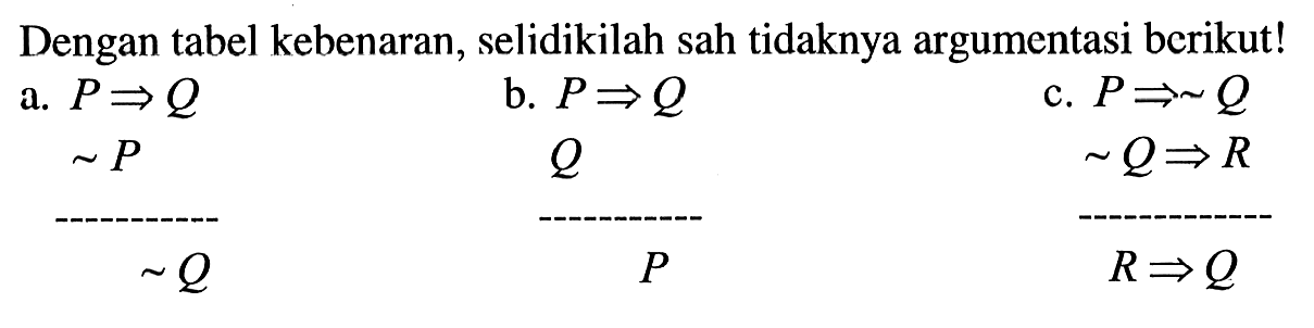 Dengan tabel kebenaran, selidikilah sah tidaknya argumentasi berikut! a. P => Q     ~ P ............... ~ Q b. P => Q Q ...............            P c. P =>~Q ~Q => R ................. R => Q 