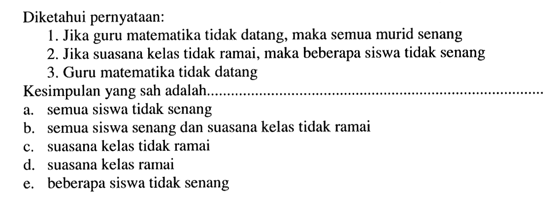 Diketahui pernyataan:1. Jika guru matematika tidak datang, maka semua murid senang2. Jika suasana kelas tidak ramai, maka beberapa siswa tidak senang3. Guru matematika tidak datangKesimpulan yang sah adalah....