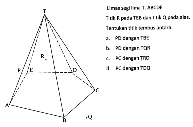 limas segi lima T. ABCDE Titik R pada TEB dan titik Q pada alas. Tentukan titik tembus antara: