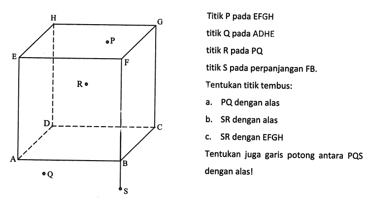 Titik P pada EFGH titik Q pada ADHE titik R pada PQ titik S pada perpanjangan FB. Tentukan titik tembus: a. PQ dengan alas b. SR dengan alas c. SR dengan EFGH Tentukan juga garis potong antara PQS dengan alas!