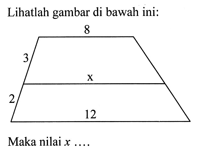 Lihatlah gambar di bawah ini:83x212Maka nilai x ...