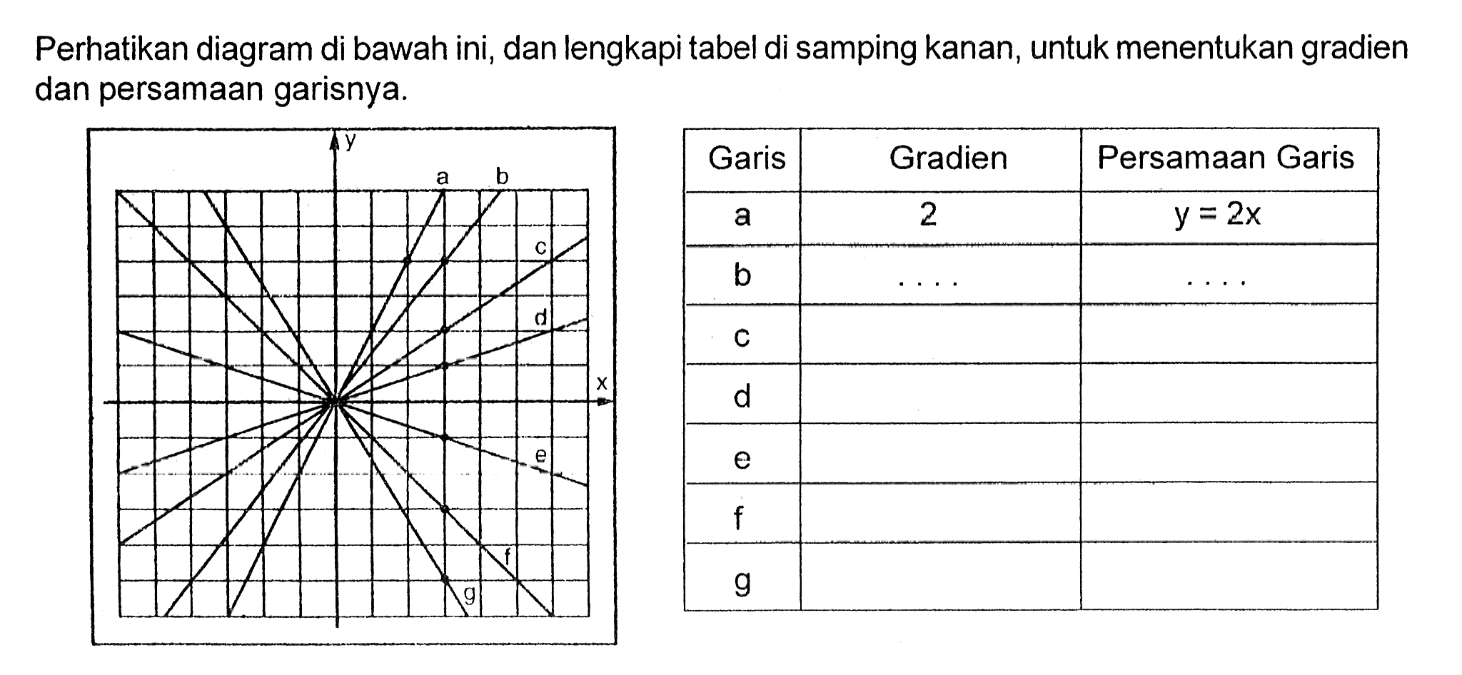 Perhatikan diagram di bawah ini, dan lengkapi tabel di samping kanan, untuk menentukan gradien dan persamaan garisnya. Y a b c d X e f g Garis Gradien Persamaan Garis a 2 y=2x b ... ... c d e f g