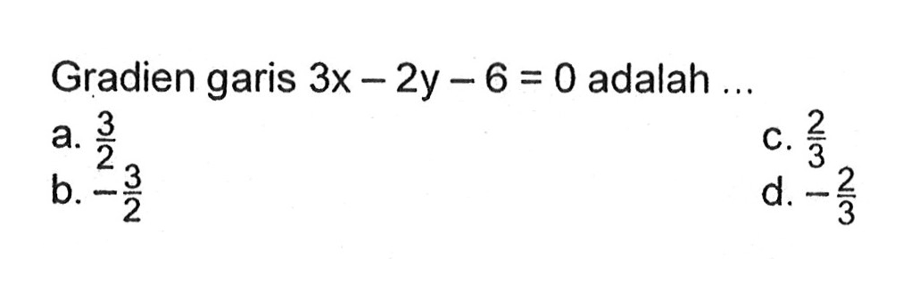 Gradien garis 3x - 2y - 6 = 0 adalah...