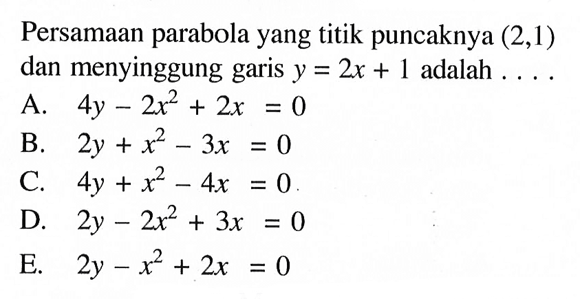 Persamaan parabola yang titik puncaknya (2,1) dan menyinggung garis y=2x+1 adalah... . 