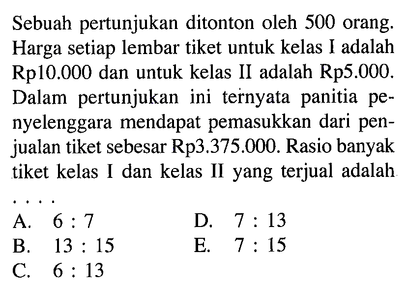 Sebuah pertunjukan ditonton oleh 500 orang. Harga setiap lembar tiket untuk kelas I adalah Rp10.000 dan untuk kelas II adalah Rp5.000. Dalam pertunjukan ini ternyata panitia penyelenggara mendapat pemasukkan dari penjualan tiket sebesar Rp3.375.000. Rasio banyak tiket kelas I dan kelas II yang terjual adalah ....