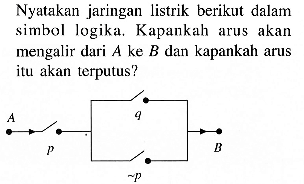 Nyatakan jaringan listrik berikut dalam simbol logika. Kapankah arus akan mengalir dari A ke B dan kapankah arus itu akan terputus? 
A p q ~p B