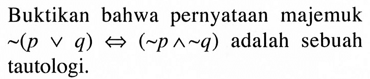 Buktikan bahwa pernyataan majemuk ~(p v q)<=>(~p ^ ~q)  adalah sebuah tautologi.