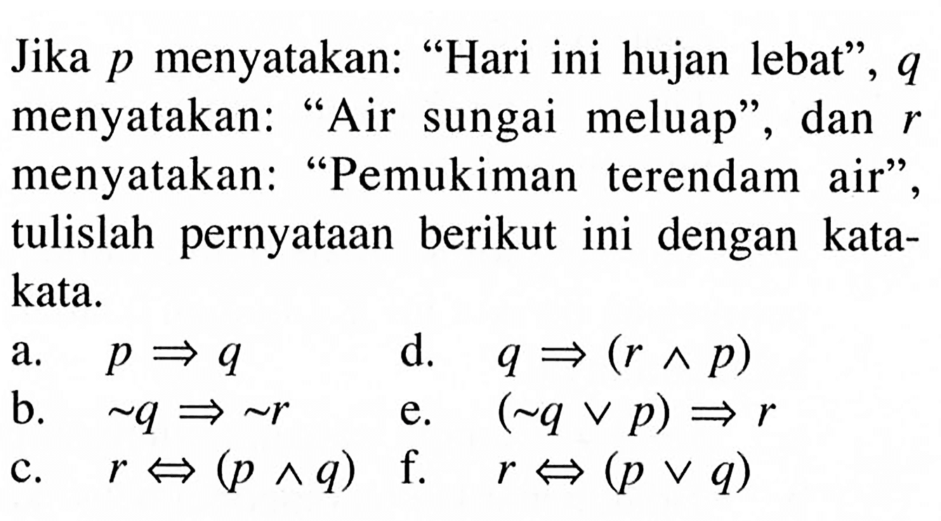 Jika p menyatakan: 'Hari ini hujan lebat', q menyatakan: 'Air sungai meluap', dan r menyatakan: 'Pemukiman terendam air', tulislah pernyataan berikut ini dengan kata-kata.a. p => q d. q => (r ^ p) b. ~q => ~r e. (~q v p) => r c. r <=> (p ^ q) f. r <=> (p v q) 