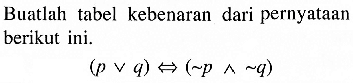 Buatlah tabel kebenaran dari pernyataan berikut ini. (p v q)<=>(~p ^ ~q) 