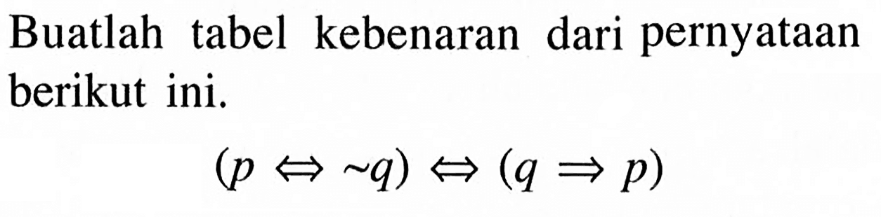 Buatlah tabel kebenaran dari pernyataan berikut ini. (p<=>~q)<=>(q=>p)