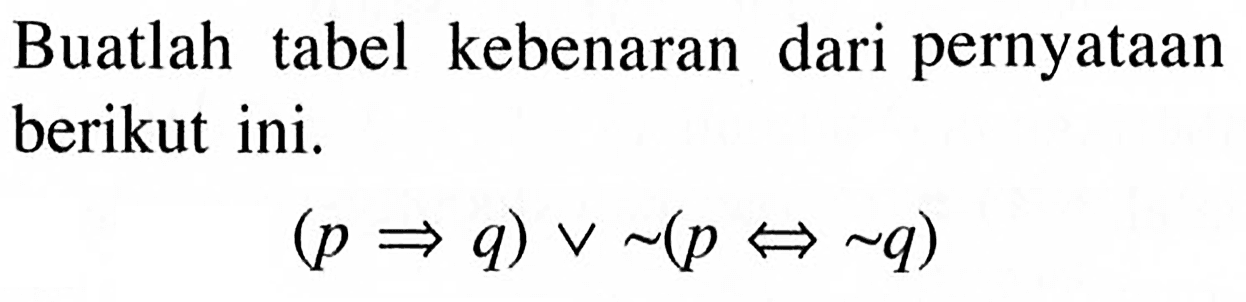 Buatlah tabel kebenaran dari pernyataan berikut ini.(p=>q)v~(p<=>~q)