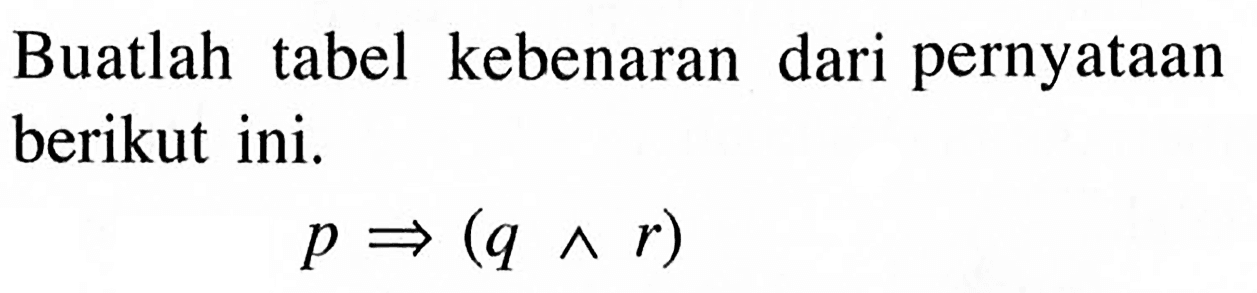 Buatlah tabel kebenaran dari pernyataan berikut ini.p=>(q ^ r)