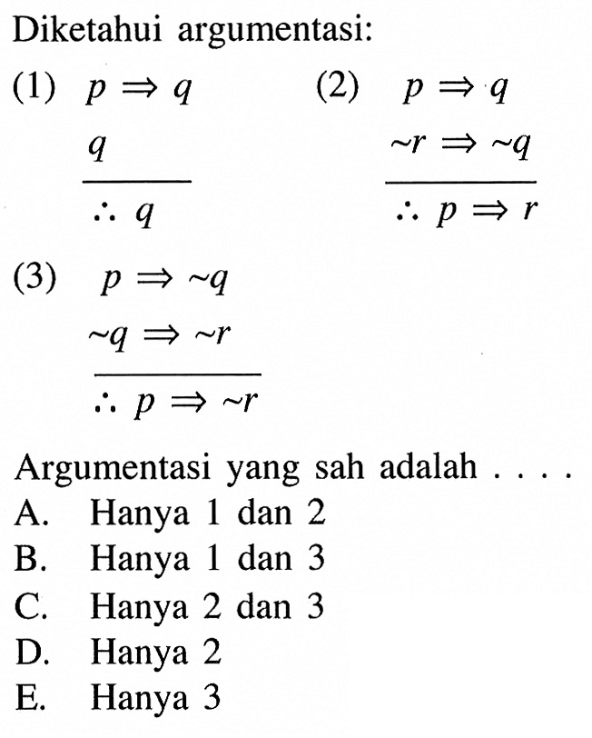 Diketahui argumentasi:(1)  p => q (2) p => q     ~ r => ~ q        p => r (3)  p => ~ q       ~ q => ~ r       p => ~ r Argumentasi yang sah adalah ....