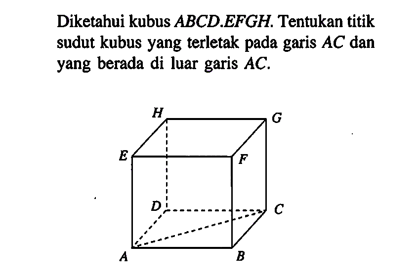 Diketahui kubus ABCD.EFGH. Tentukan titik sudut kubus yang terletak pada garis AC dan yang berada di luar garis AC.