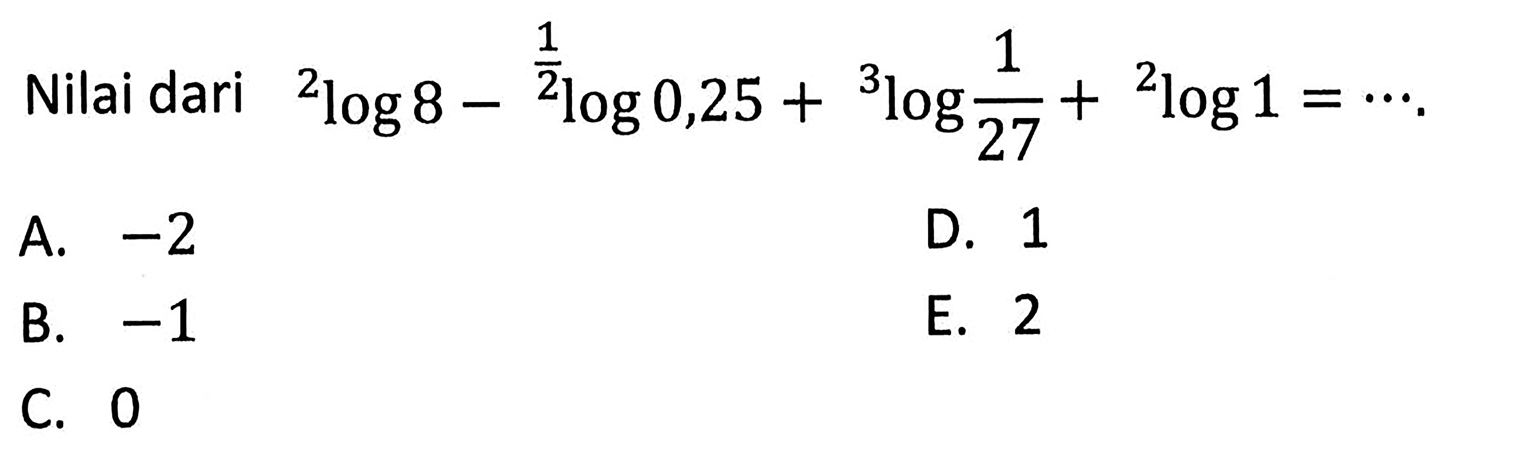 Nilai dari 2log8-1/2loh0,25+3log1/27+2log1= ...