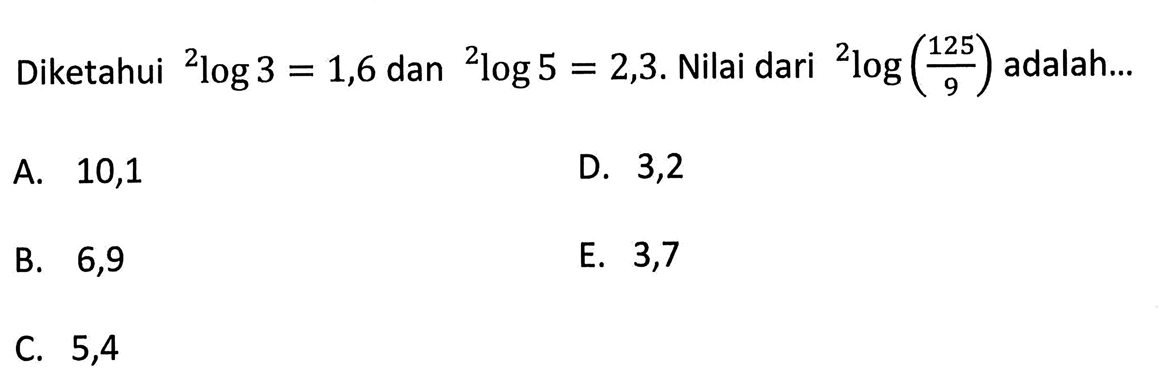 Diketahui 2log3=1,65 dan 2log5=2,3. Nilai dari 2log(125/9) adalah...