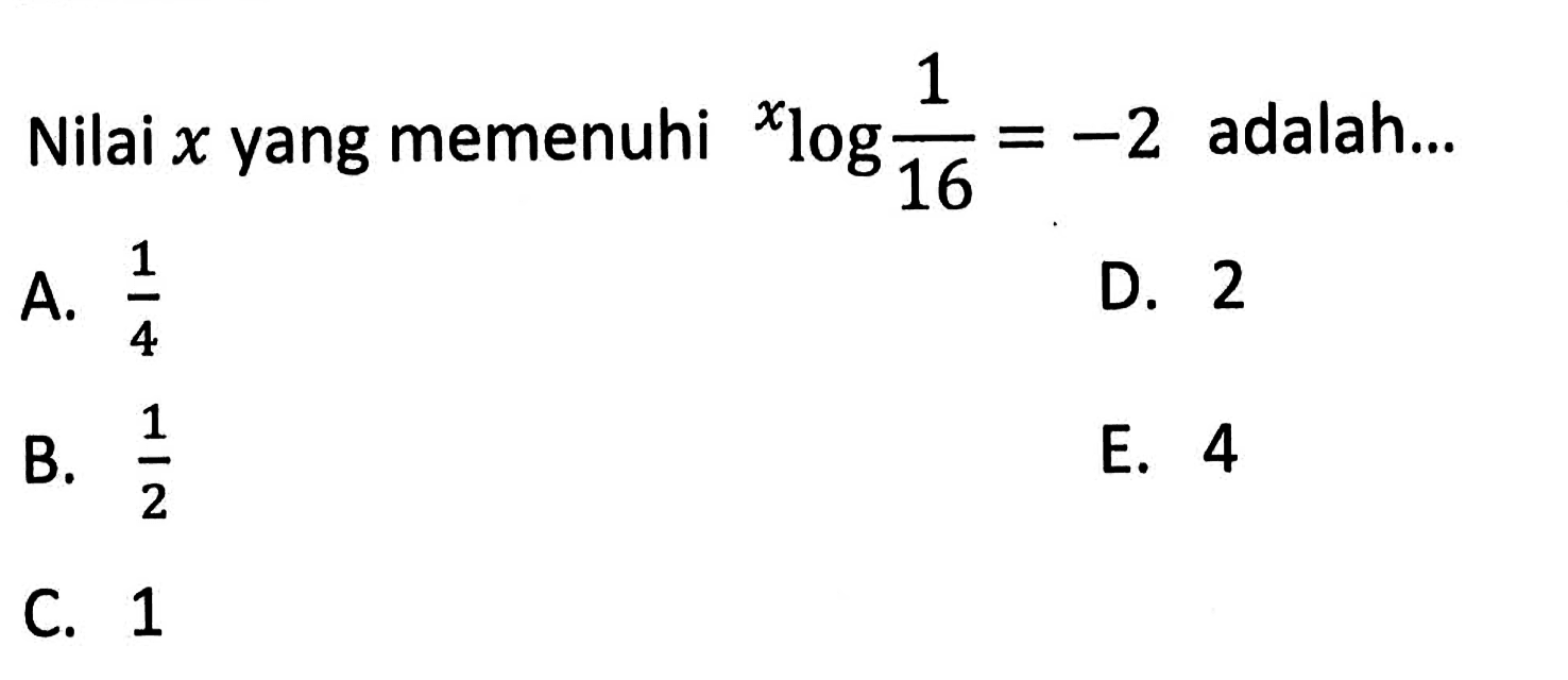 Nilai x yang memenuhi xlog1/16=-2 adalah .....