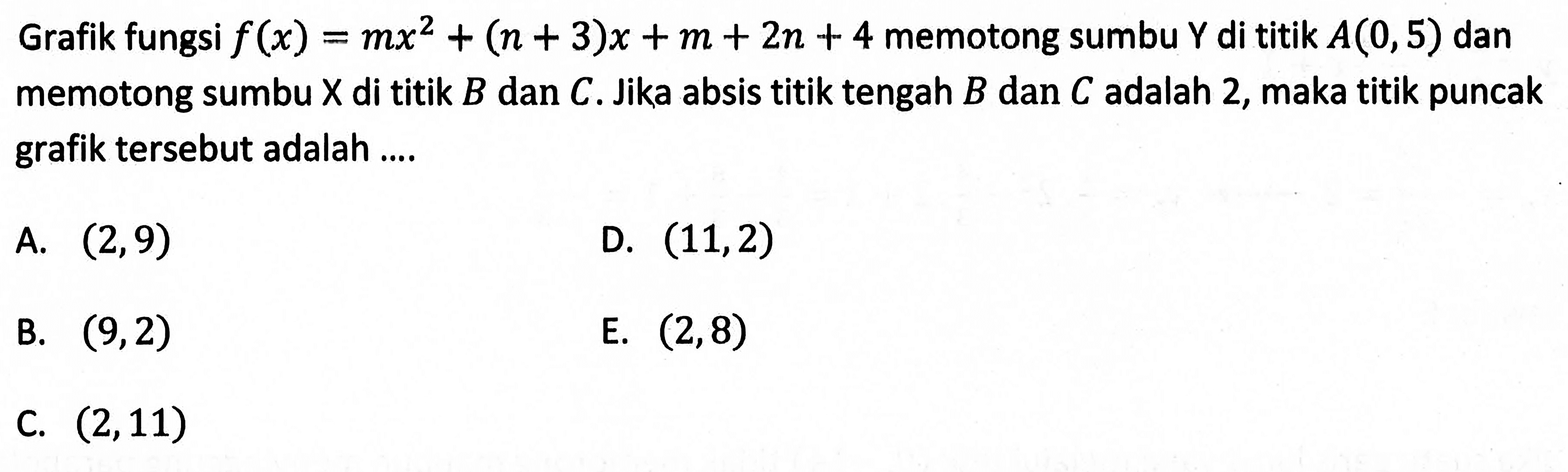 Grafik fungsi f(x)=mx^2+(n+3)x+m+2n+4 memotong sumbu Y di titik A(0,5) dan memotong sumbu X di titik B dan C. Jika absis titik tengah B dan C adalah 2, maka titik puncak grafik tersebut adalah ....