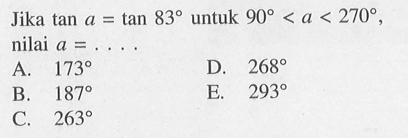 Jika tan a=tan 83 untuk 90<a<270, nilai a=...