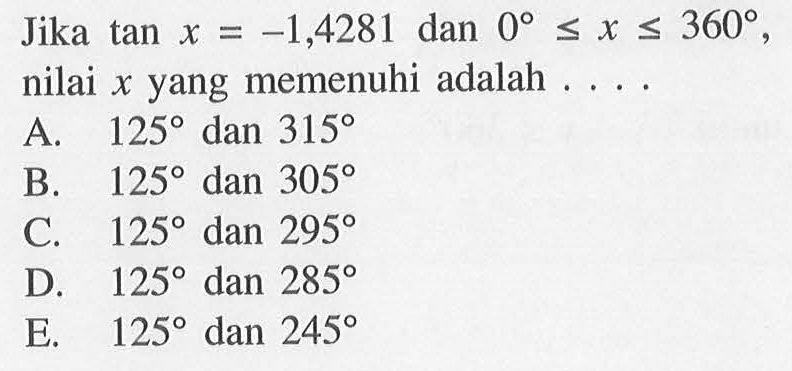 Jika tan x=-1,4281 dan 0<=x<=360, nilai x yang memenuhi adalah . . . .