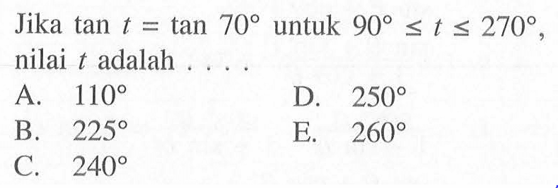 Jika tan t = tan 70 untuk 90<t<270, nilai t adalah....