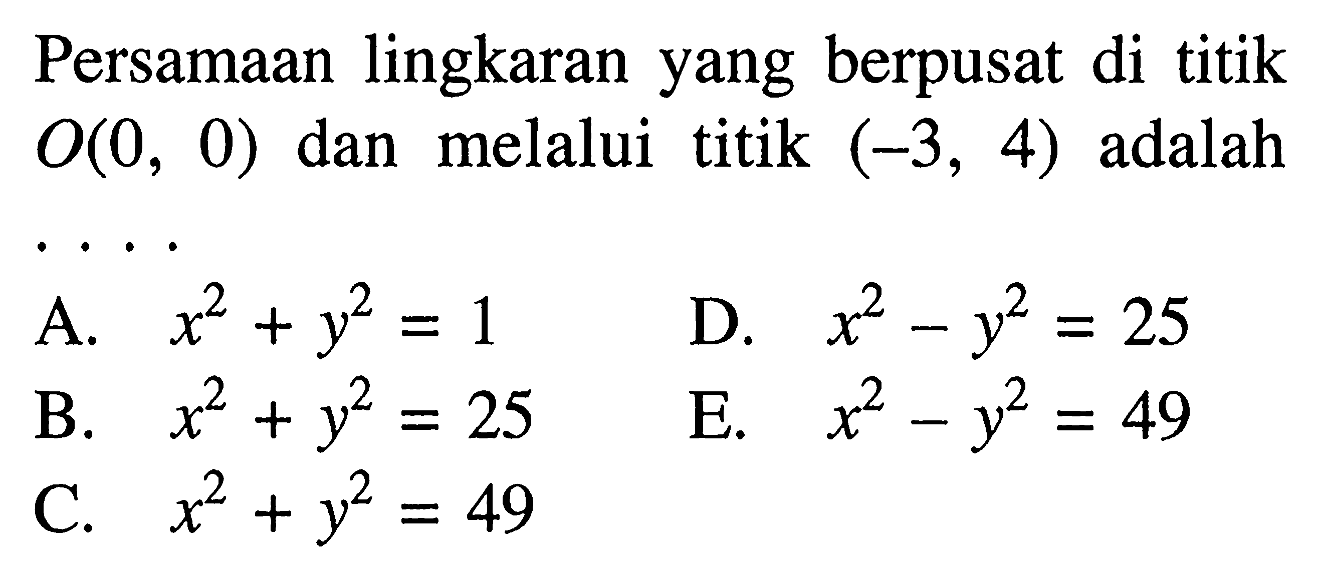 Persamaan lingkaran yang berpusat di titik O(0, 0) dan melalui titik (-3, 4) adalah...