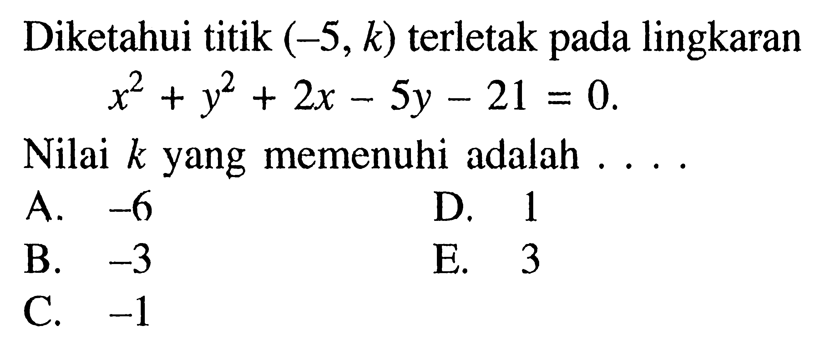 Diketahui titik  (-5, k)  terletak pada lingkaran
x^2+y^2+2x-5y-21=0
Nilai  k  yang memenuhi adalah ...
