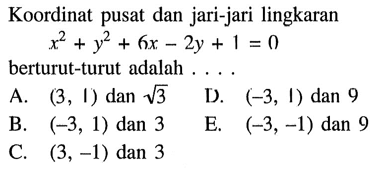 Koordinat pusat dan jari-jari lingkaranx^2+y^2+6x-2y+1=0berturut-turut adalah ...