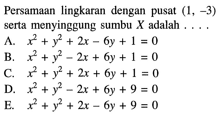 Persamaan lingkaran dengan pusat (1,-3) serta menyinggung sumbu X adalah  .... 