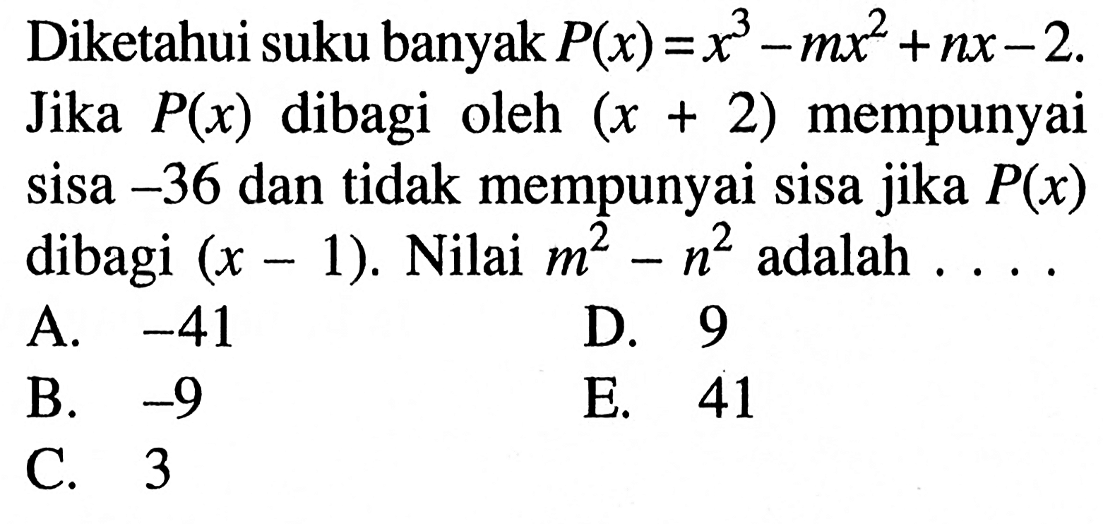 Diketahui suku banyak P(x)=x^3-mx^2+nx-2. Jika P(x) dibagi oleh (x+2) mempunyai sisa -36 dan tidak mempunyai sisa jika P(x) dibagi (x-1). Nilai m^2-n^2 adalah....