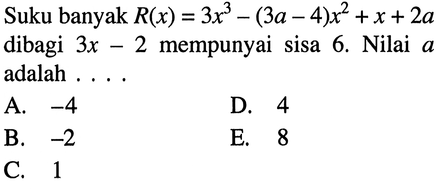 Suku banyak R(x)=3x^3-(3a-4)x^2+x+2a dibagi 3x-2 mempunyai sisa 6. Nilai a adalah....