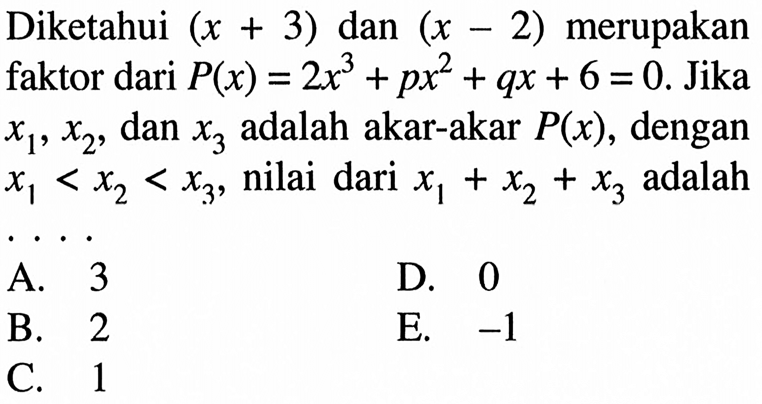 Diketahui (x+3) dan (x-2) merupakan faktor dari P(x)=2x^3+px^2+qx+6=0. Jika x1, x2, dan x3 adalah akar-akar P(x), dengan x1<x2<x3, nilai dari x1+x2+x3 adalah . . . .