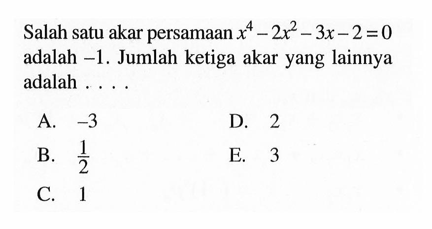 Salah satu persamaan x^4-2x^2-3x-2= adalah -1. Jumlah ketiga akar yang lainnya adalah . . . .