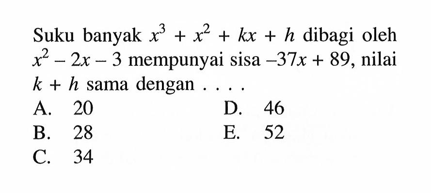 Suku banyak x^3+x^2+kx+h dibagi oleh x^2-2x-3 mempunyai sisa -37x+89, nilai k+h sama dengan . . . .