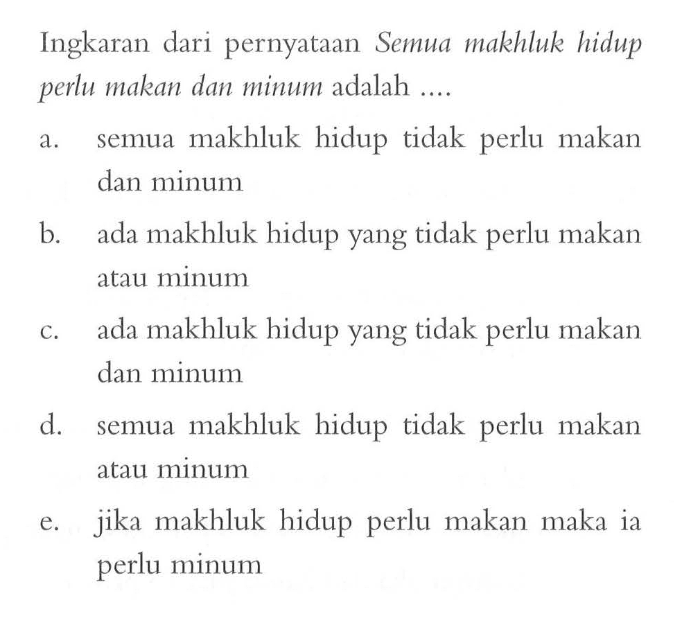 Ingkaran dari pernyataan Semua makhluk hidup perlu makan dan minum adalah ....