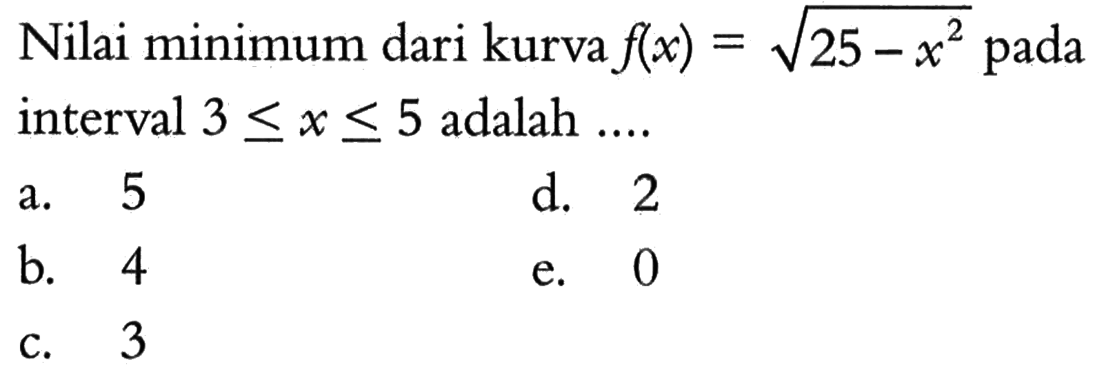 Nilai minimum dari kurva f(x)=akar(25-x^2) pada interval 3<=x<= 5 adalah ....