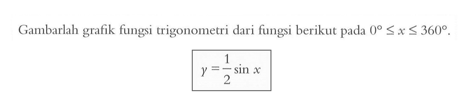 Gambarlah grafik fungsi trigonometri dari fungsi berikut pada 0<=x<=360 y=1/2 sin x