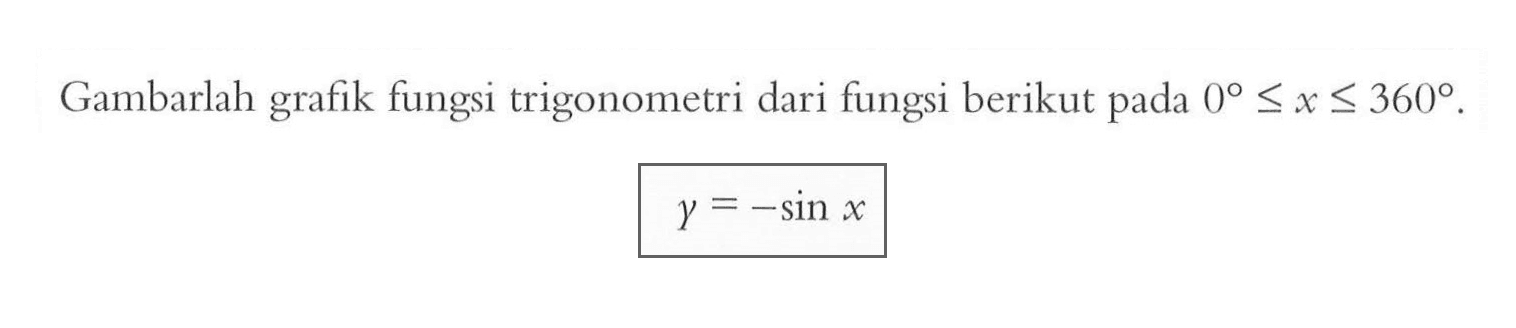 Gambarlah grafik fungsi trigonometri dari fungsi berikut pada 0<= x <=360 y = -sin x