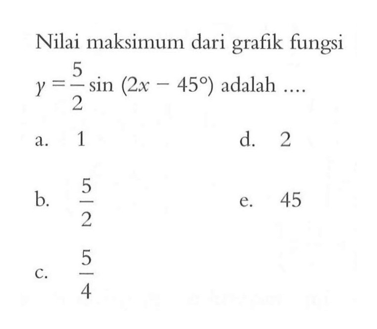 Nilai maksimum dari grafik fungsi gamma=5/2 sin(2x-45) adalah ...