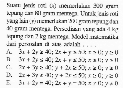 Suatu jenis roti (x) memerlukan 300 gram tepung dan 80 gram mentega. Untuk jenis roti yang lain (y) memerlukan 200 gram tepung dan 40 gram mentega. Persediaan yang ada 4 kg tepung dan 2 kg mentega. Model matematika dari persoalan di atas adalah .....